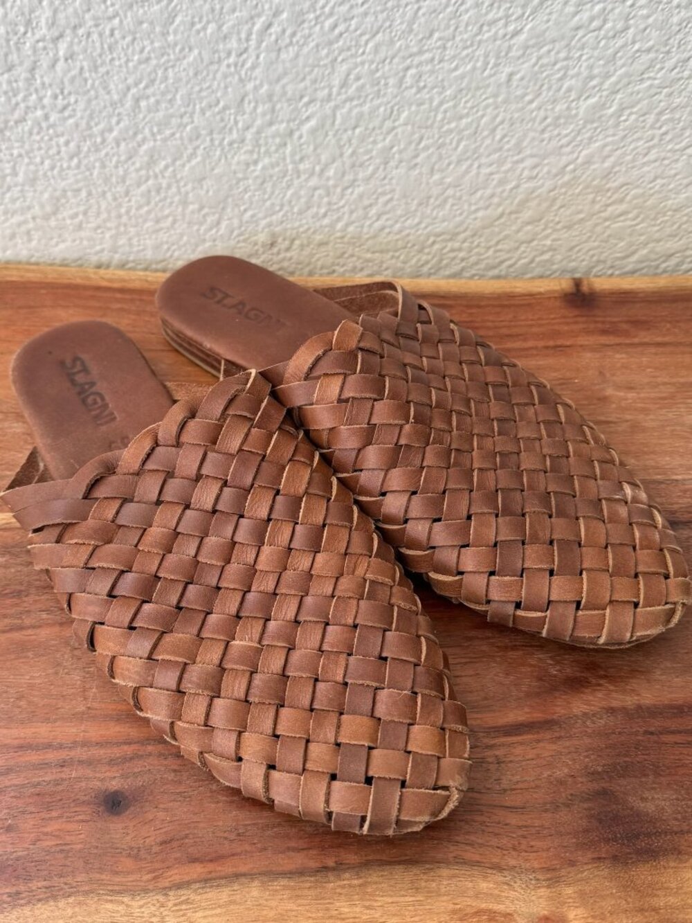 St. Agni Tan Woven Leather Mules 39